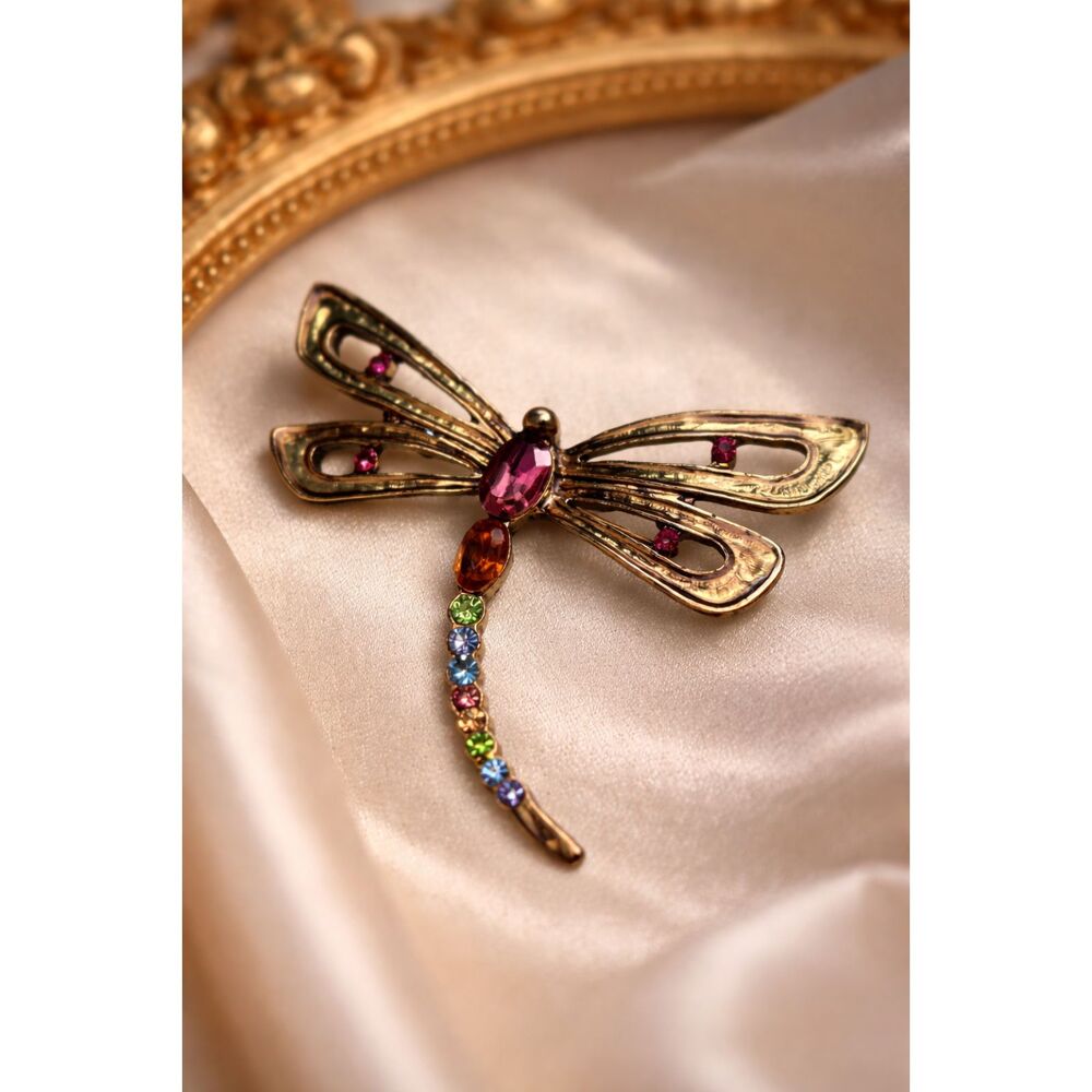 Vintage Monet Dragonfly Brooch: Gold Tone, Multicolor Rhinestone Insect Jewelry